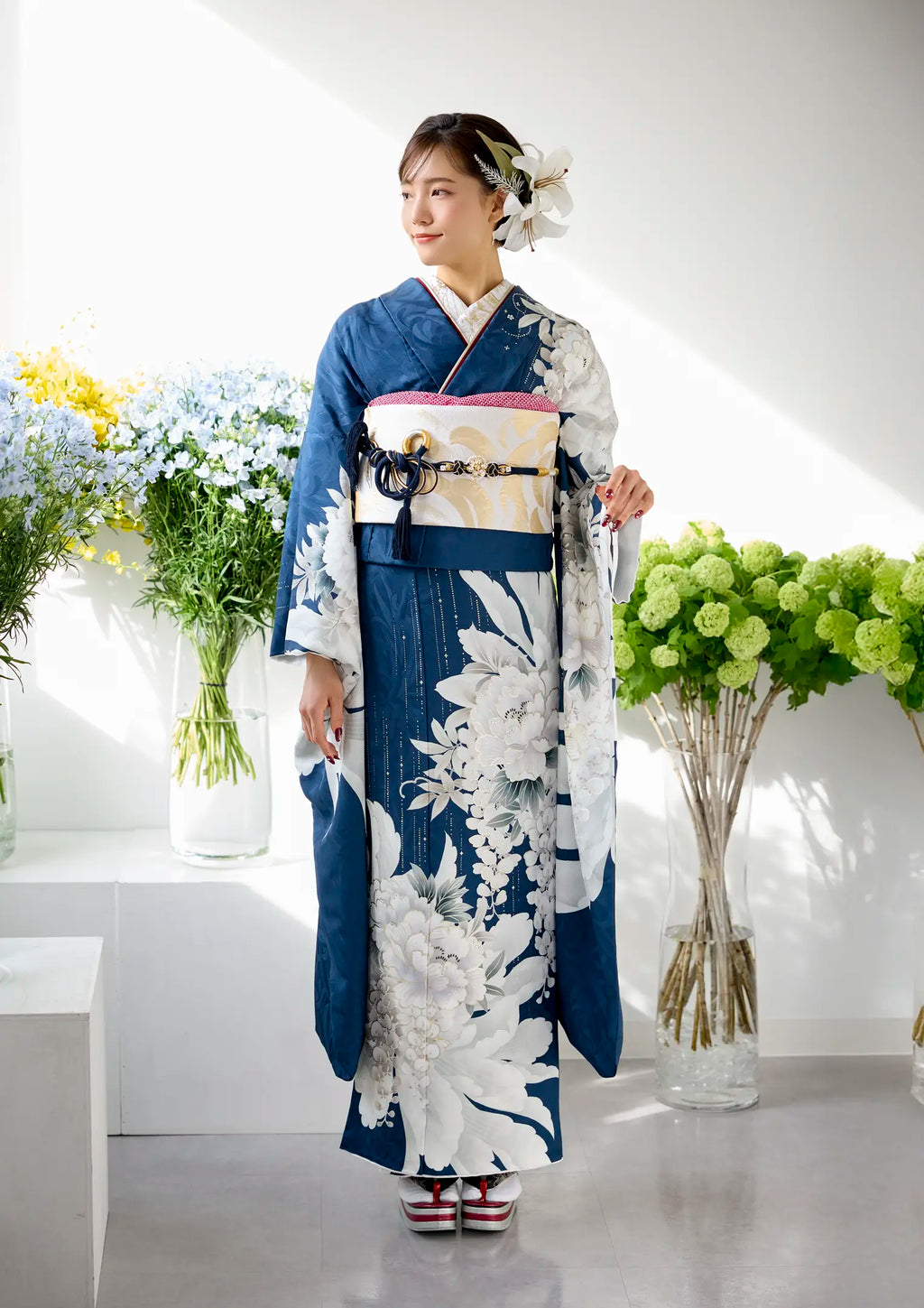 振袖　水色系　牡丹　菊　扇　正絹 振袖 水色系 牡丹 菊 扇 正絹