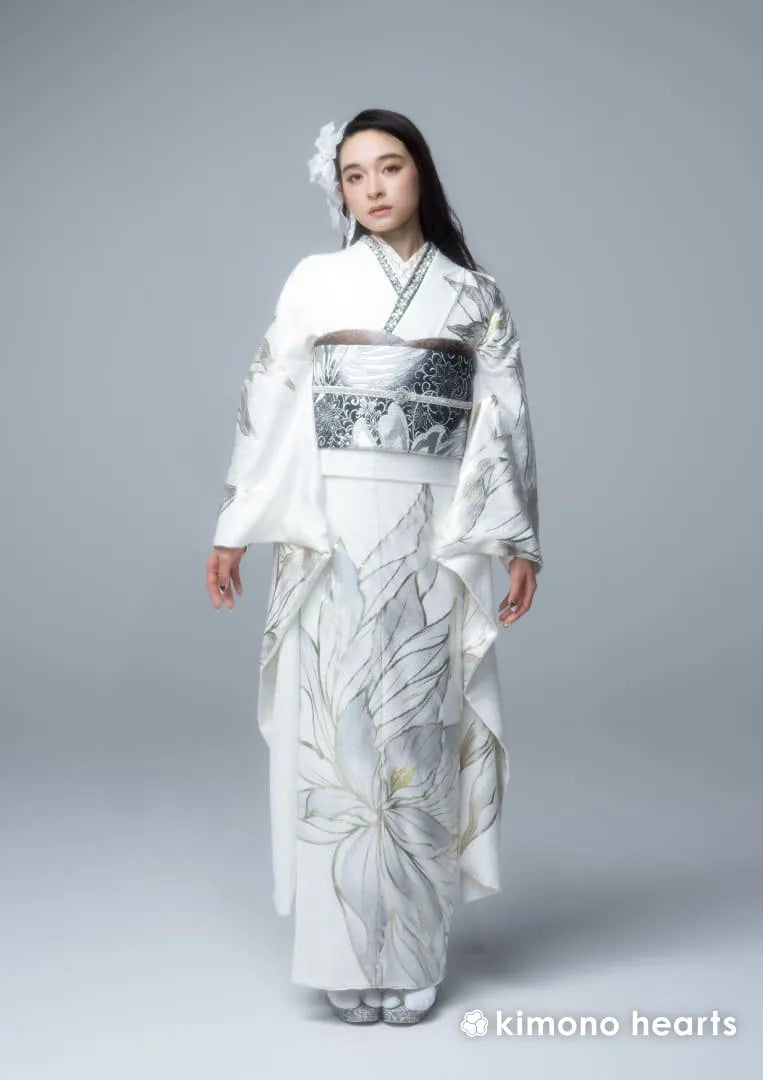 一部式　振袖用　白銀の華紋　作り帯付け帯　胴巻き〜90cm　正絹　白・銀色 振袖ネットレンタル：白に銀で品よく】艶やかに品よく/KH-587 – kimono