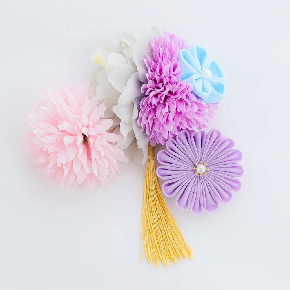 髪飾り販売：成人式・卒業式に！ラベンダーマムとライトグレー花の