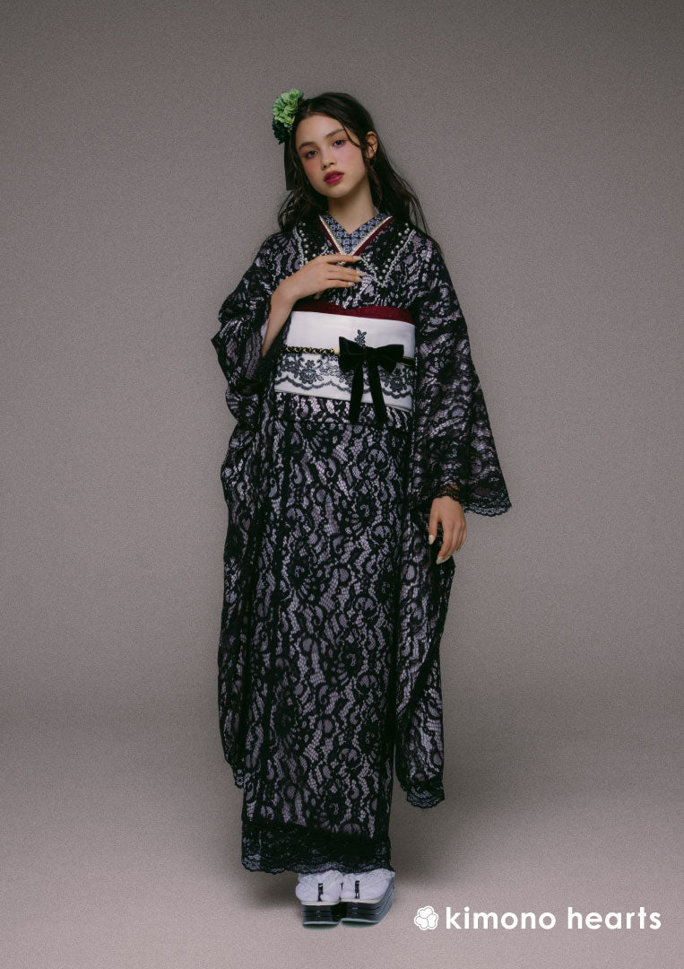 振袖レンタル：黒のレース】パールやベロアのリボンが映えるゴシックなスタイリング – kimono-hearts-onlinestore