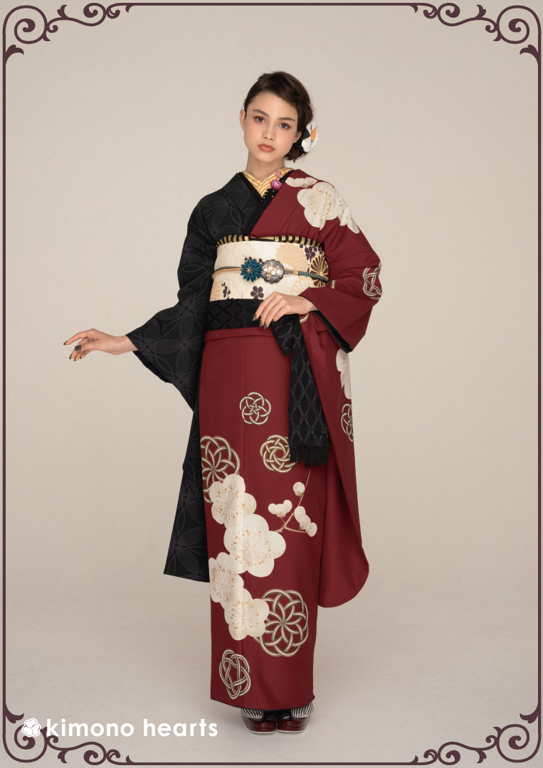 豆千代モダン(和花)小振袖(襦袢セット) （小紋柄着物 花瓶 花車 