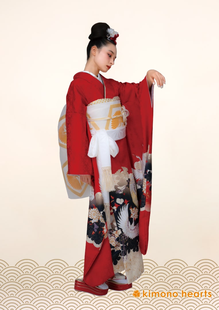 【在庫大人気】成人式　振袖Sサイズ未使用品　鶴に牡丹菊模様　着丈１５６cm　裄６２cm（３１） 着物・浴衣