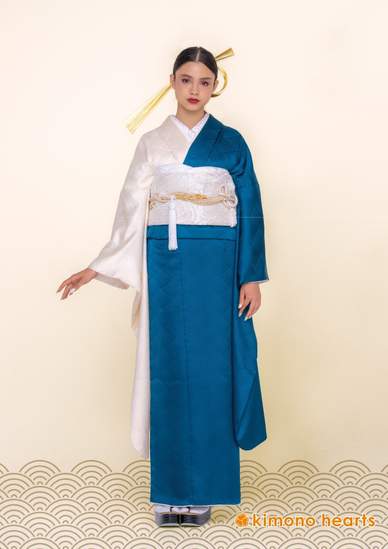 振袖レンタル：青と白のバイカラー】緑も感じるニュアンスカラーをシンプルにまとめて – kimono-hearts-onlinestore