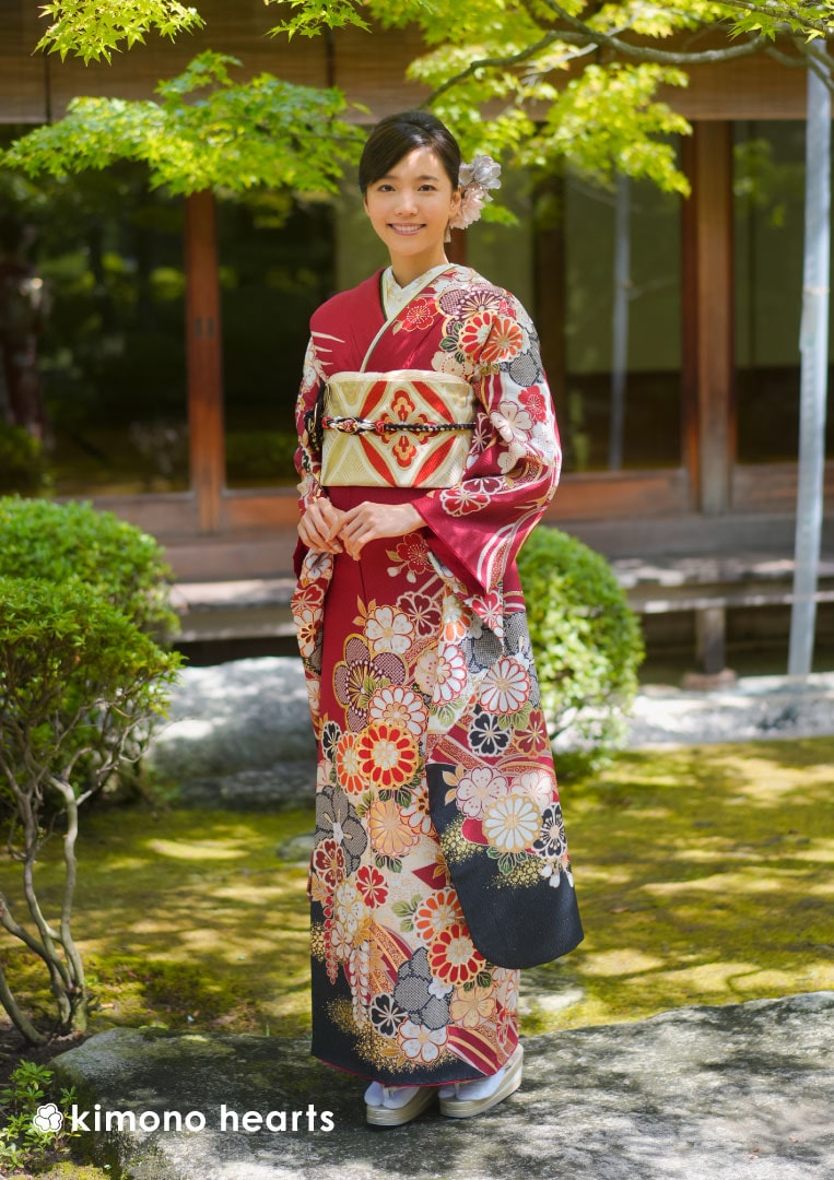 桜 花柄 和柄 振袖 着物 金×ピンク 和装用バッグ 草履M 2点セット 輝い ...