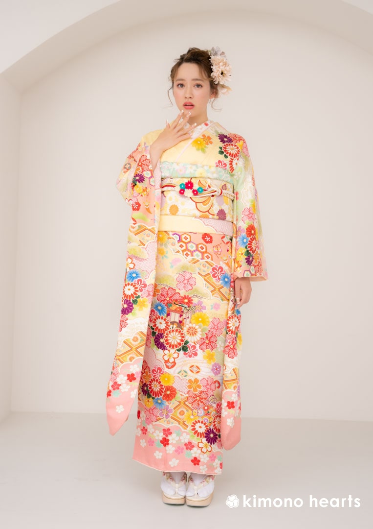 振袖ネットレンタル：黄色にパステルピンク】キュンと可愛く/KH-287