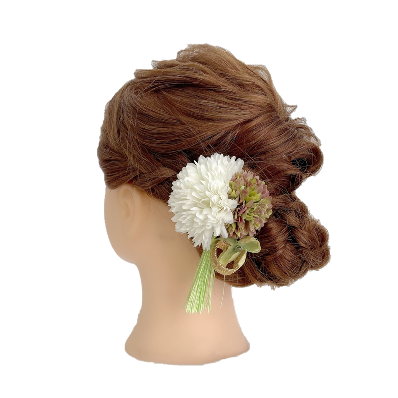 【髪飾り：上品な白と緑の花にゴールドの飾りがセット】hair-43