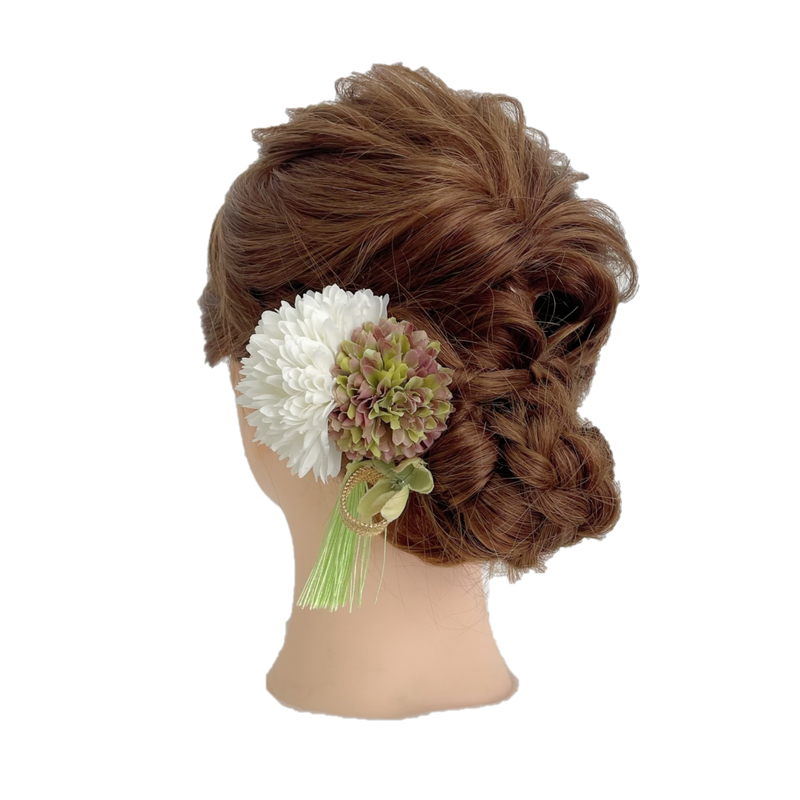 【髪飾り：上品な白と緑の花にゴールドの飾りがセット】hair-43
