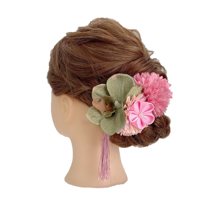 【髪飾り：緑の胡蝶蘭とピンクの花でナチュラルに彩る】hair-41ブロッサムピンク