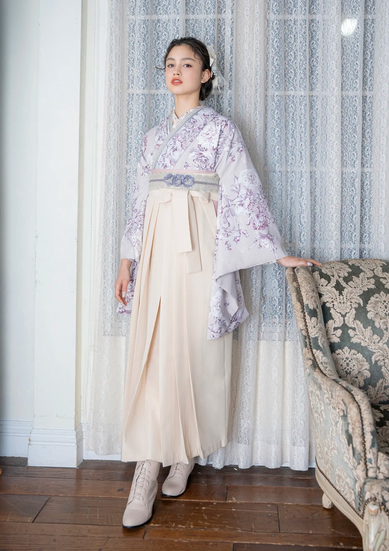 単衣キモノ 正絹 ペールグレーブルー 白花色 付け下げ訪問着 単衣 単衣キモノ 正絹 ペールグレーブルー 白花色 付け下げ訪問着 単衣