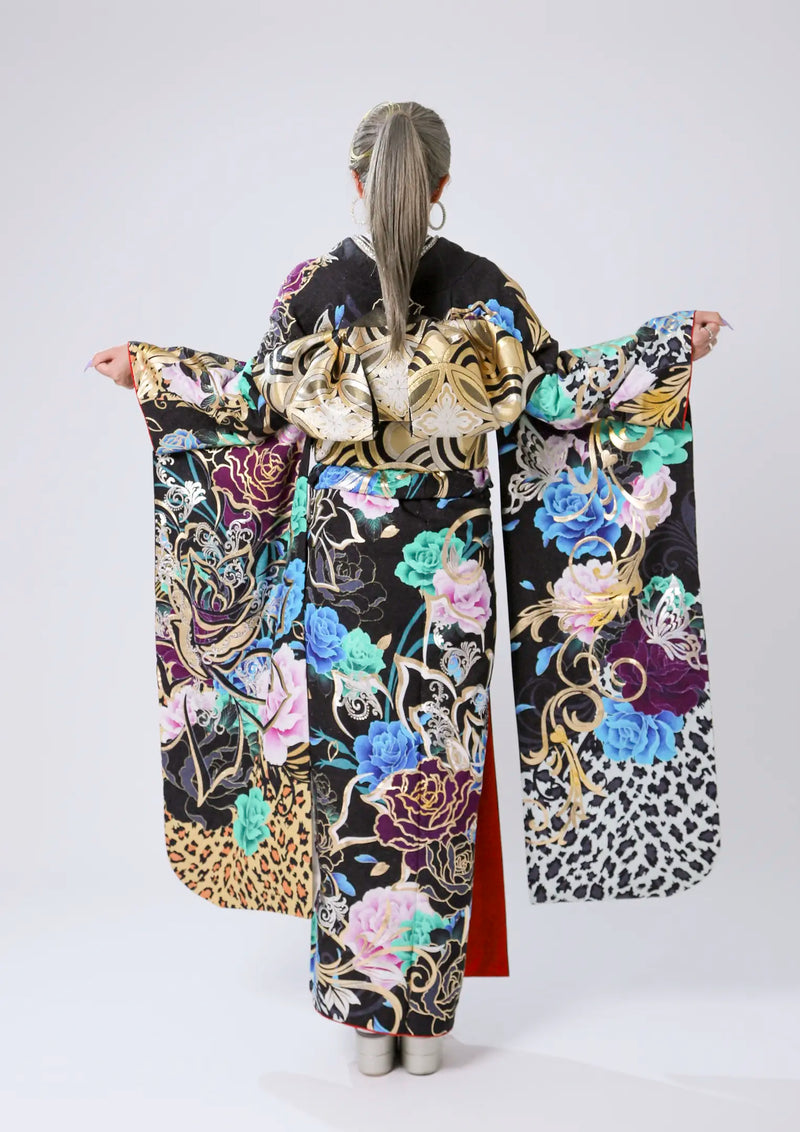 【振袖ネットレンタル：豹柄に華】一際目立つデザイン/C-201