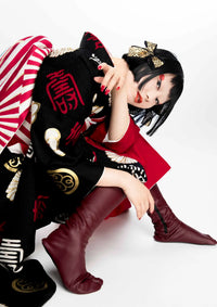 【振袖ネットレンタル：赤と黒の片身替わり】オリエンタルな個性派デザイン/KH-616