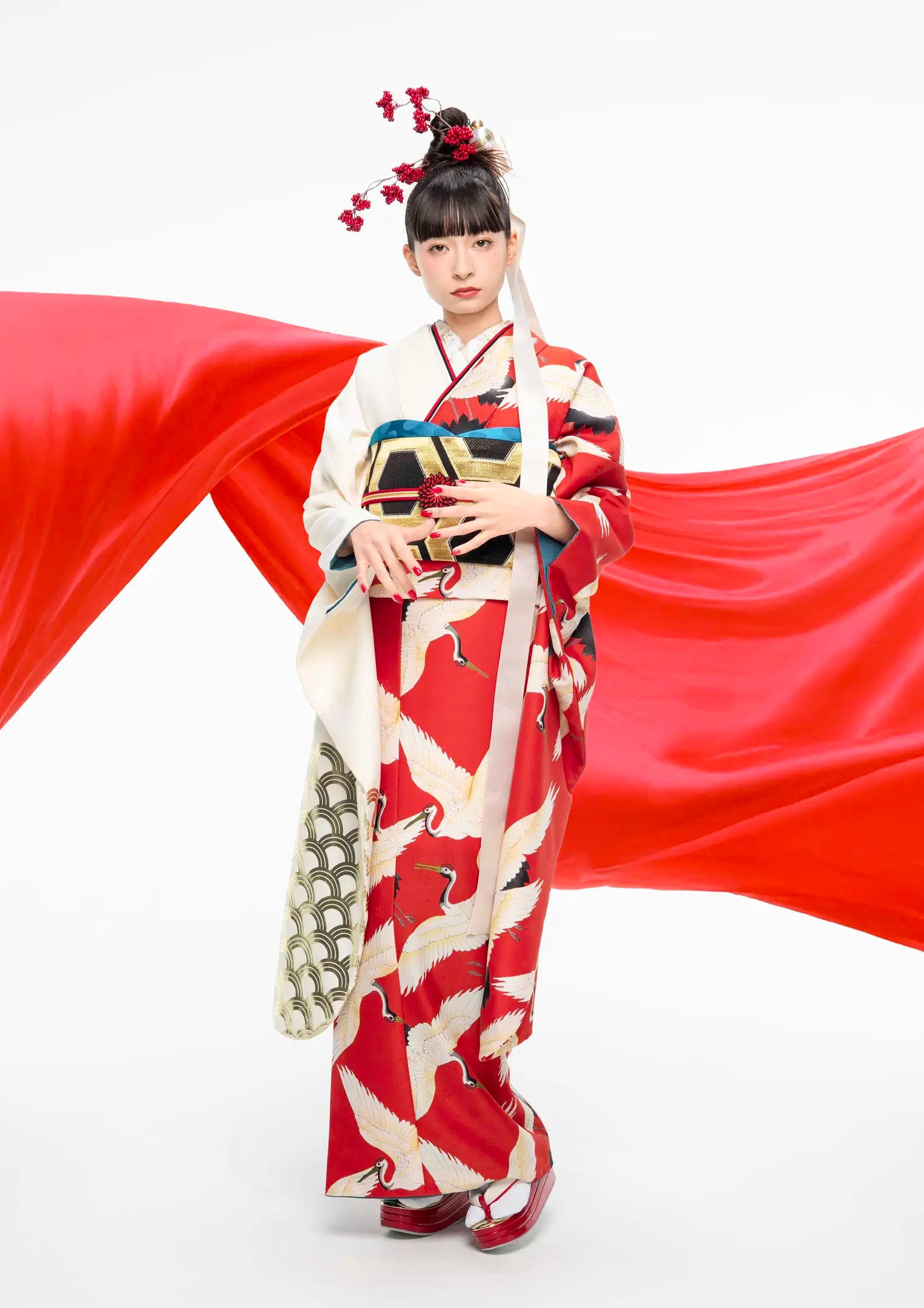 【振袖ネットレンタル：紅白のバイカラー】赤と鶴モチーフの和風モダンなデザイン/KH-490