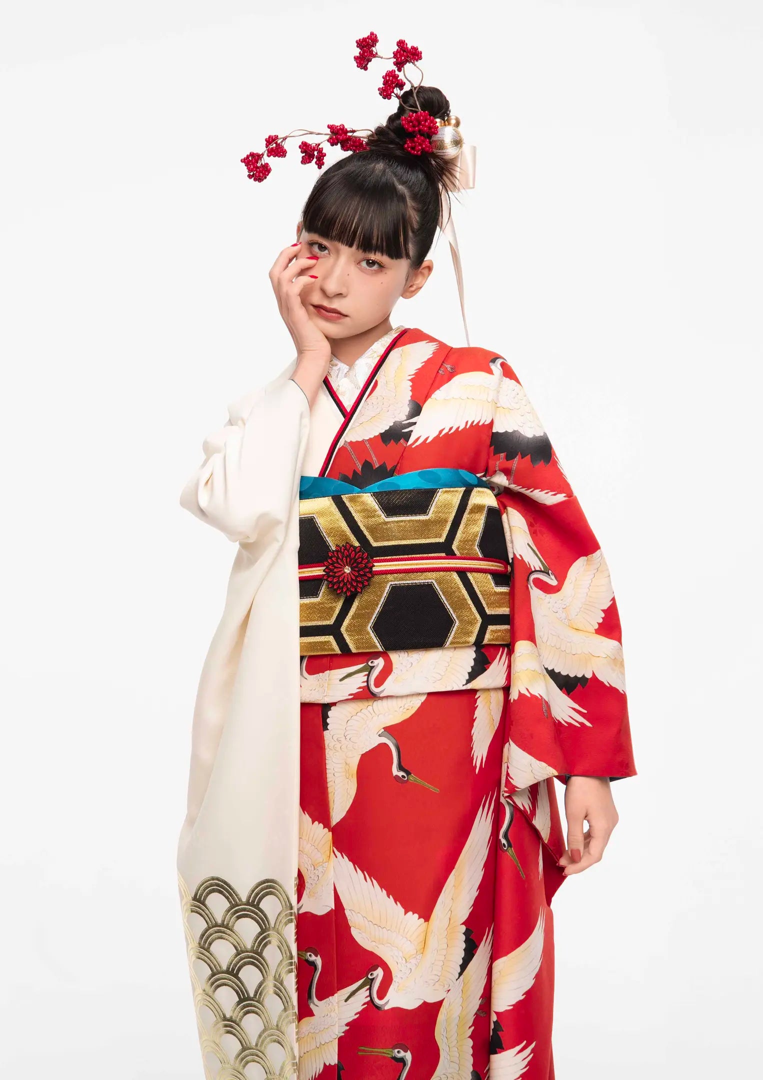 【振袖ネットレンタル：紅白のバイカラー】赤と鶴モチーフの和風モダンなデザイン/KH-490