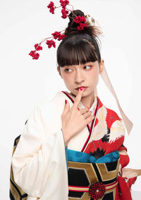 【振袖ネットレンタル：紅白のバイカラー】赤と鶴モチーフの和風モダンなデザイン/KH-490