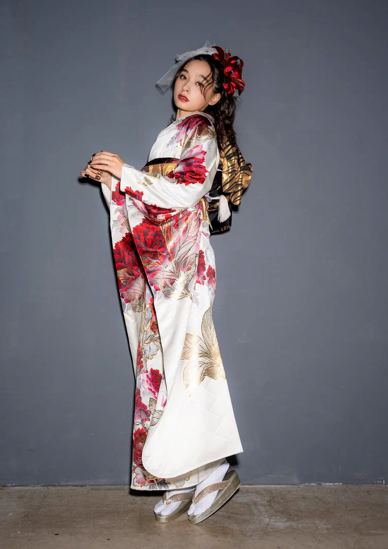 【振袖ネットレンタル：白に赤牡丹】鮮烈なコントラスト/KH-503