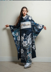 【振袖ネットレンタル：深い青に百合】気高く上品に/KH-523