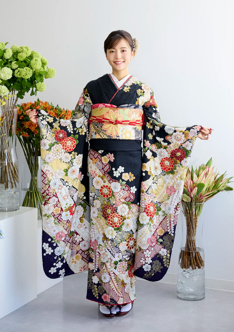 【振袖ネットレンタル：黒地に花 】色とりどりの花々/KH-536