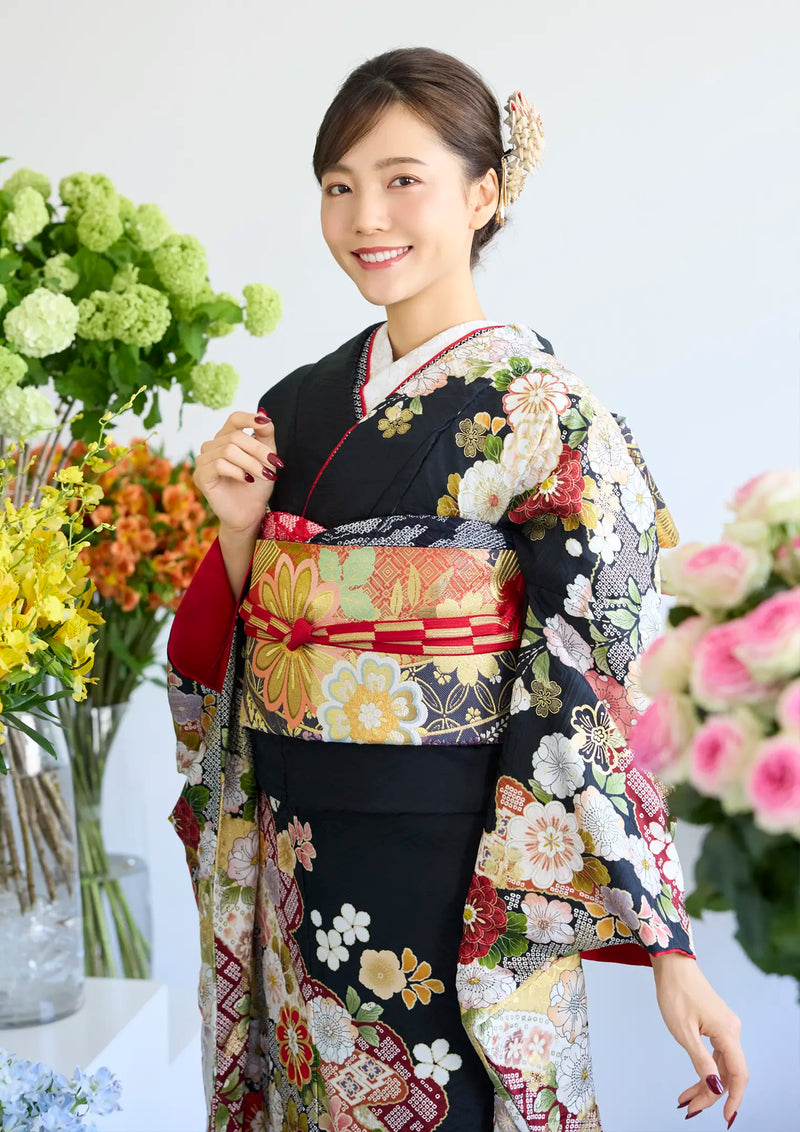 【振袖ネットレンタル：黒地に花 】色とりどりの花々/KH-536