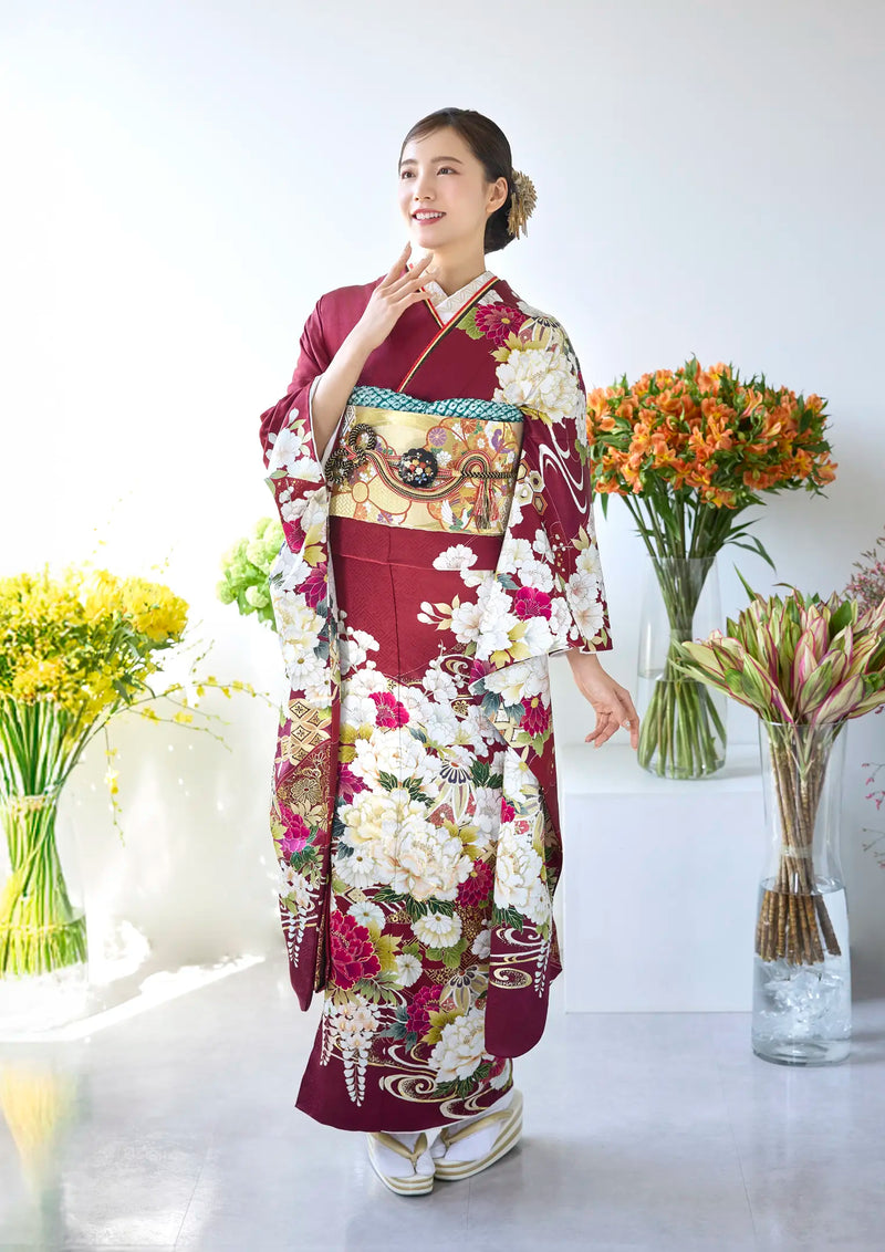 【振袖ネットレンタル：黒地に花 】立体的で華やかな花々/KH-576