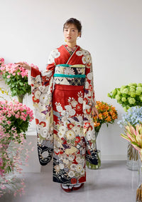 【振袖ネットレンタル：赤と花 】愛らしい花々/KH-591