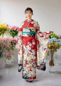 【振袖ネットレンタル：赤と花 】愛らしい花々/KH-591