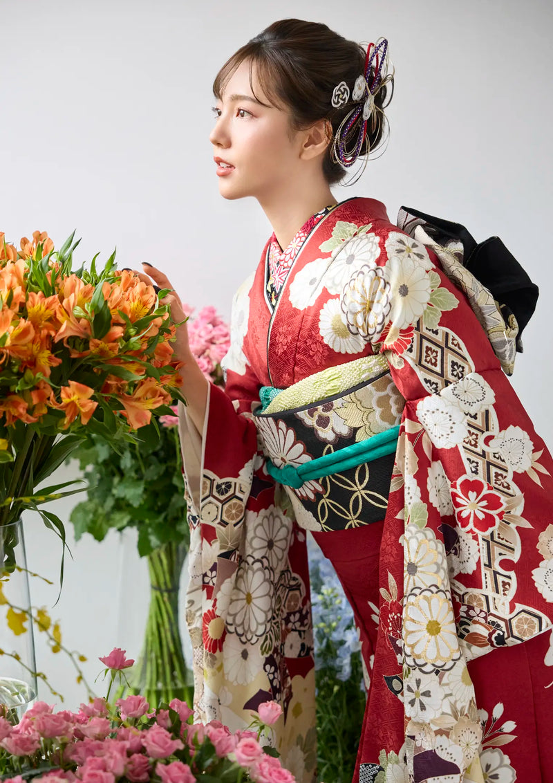 【振袖ネットレンタル：赤と花 】愛らしい花々/KH-591