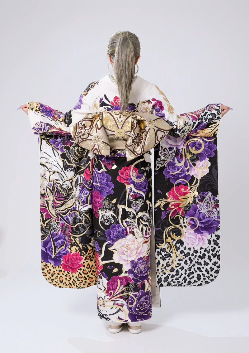 【振袖ネットレンタル：豹柄に華】一際目立つデザイン/C-107