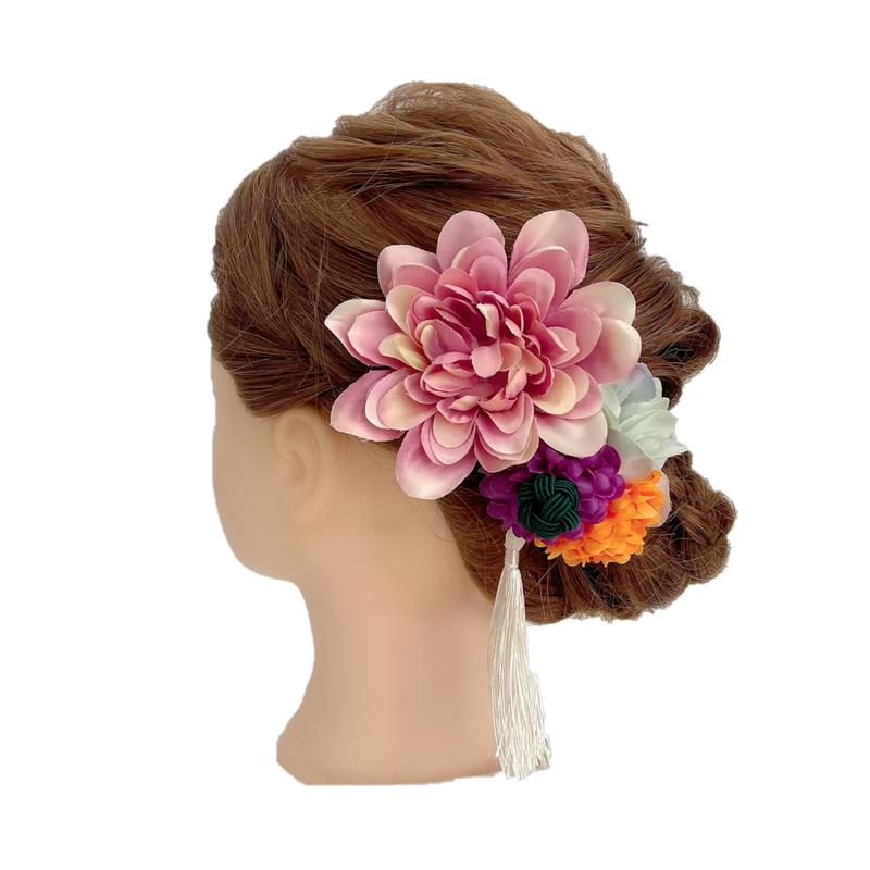 【髪飾り：ピンクの大きい花に白色のタッセルを組み合わせ】hair-50カラフル牡丹