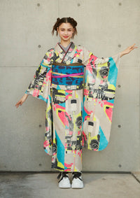 【振袖ネットレンタル：カラフル幾何学】POPな総柄デザイン/FL-E101