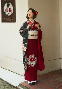 【振袖ネットレンタル：モダンな半身仕立て】赤に黒でこっくりとで/FL-E105