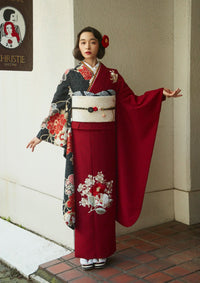 【振袖ネットレンタル：モダンな半身仕立て】赤に黒でこっくりとで/FL-E105