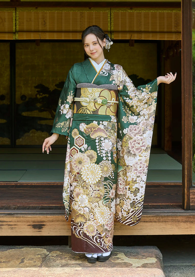 振袖ネットレンタル：古典柄】吉祥文様を纏う緑/FL-E303 – kimono