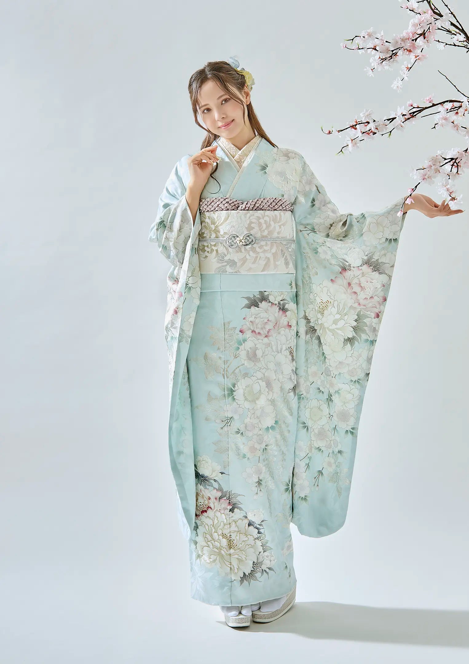 【振袖ネットレンタル：桜と牡丹】ふんわりパステルミント/FL-E305
