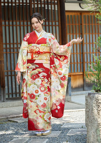 【振袖ネットレンタル：桜と牡丹】縁起の良い花々を纏う赤/FL-E307