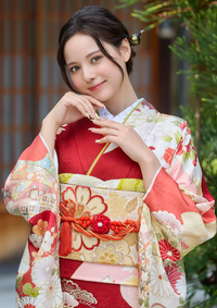 【振袖ネットレンタル：桜と牡丹】縁起の良い花々を纏う赤/FL-E307