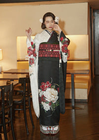 【振袖ネットレンタル：ハイカラ乙女】白と黒のモダンな和洋折衷コーデ/FL-E308