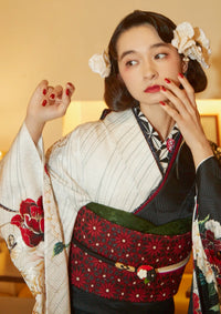 【振袖ネットレンタル：ハイカラ乙女】白と黒のモダンな和洋折衷コーデ/FL-E308