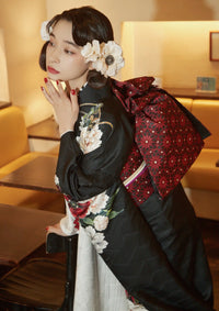 【振袖ネットレンタル：ハイカラ乙女】白と黒のモダンな和洋折衷コーデ/FL-E308