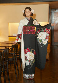 【振袖ネットレンタル：ハイカラ乙女】白と黒のモダンな和洋折衷コーデ/FL-E308