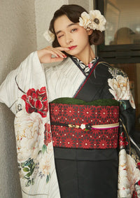 【振袖ネットレンタル：ハイカラ乙女】白と黒のモダンな和洋折衷コーデ/FL-E308