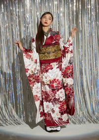 【振袖ネットレンタル：赤×ゴールドの華やか映え】大きめ花柄でラグジュアリーに/FL-E309