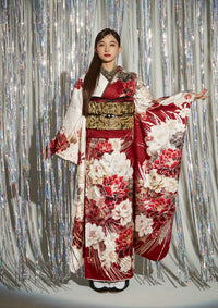 【振袖ネットレンタル：赤×ゴールドの華やか映え】大きめ花柄でラグジュアリーに/FL-E309