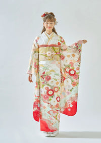 【振袖ネットレンタル：品よく花々を纏って】白地に優美な柄と赤色/FL-E310