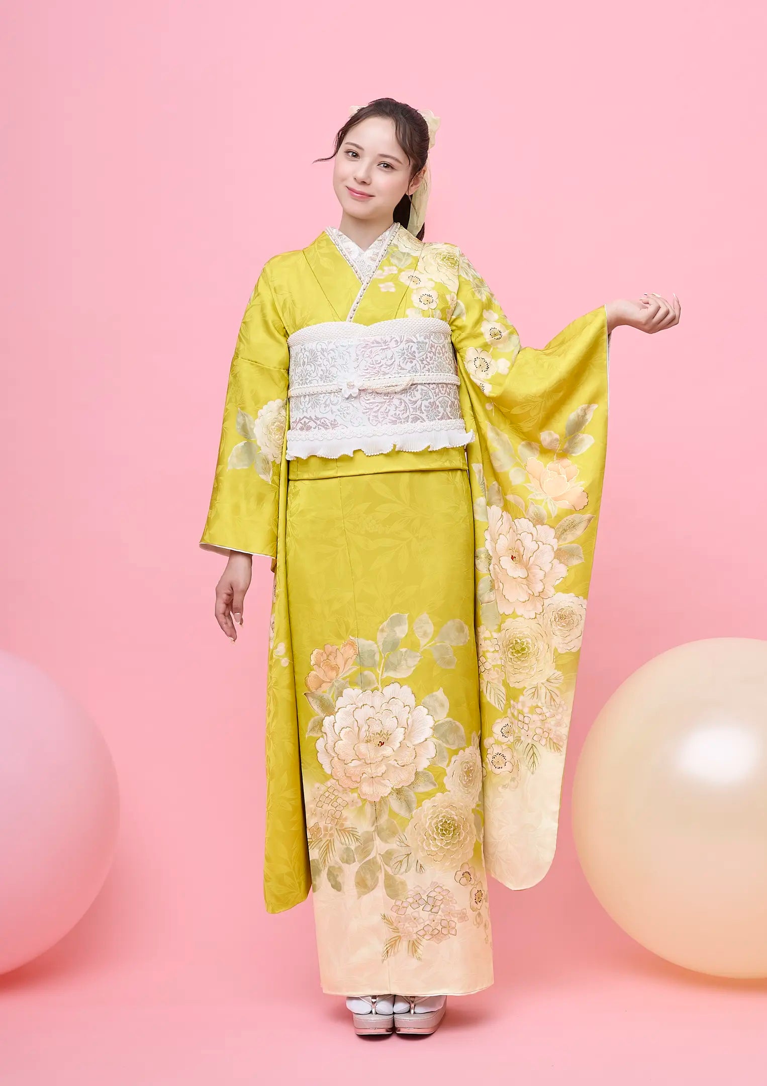 【振袖ネットレンタル：マスタードカラー】ちょっと大人可愛く/FL-E311