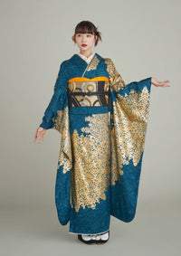 【振袖ネットレンタル：ピーコックブルーの金彩モード】シンプルな抜け感スタイル/FL-E401