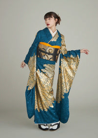 【振袖ネットレンタル：ピーコックブルーの金彩モード】シンプルな抜け感スタイル/FL-E401