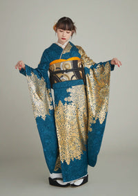 【振袖ネットレンタル：ピーコックブルーの金彩モード】シンプルな抜け感スタイル/FL-E401