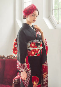 【振袖ネットレンタル：シックな黒地に赤椿】大人な大正浪漫レディ/KH-212