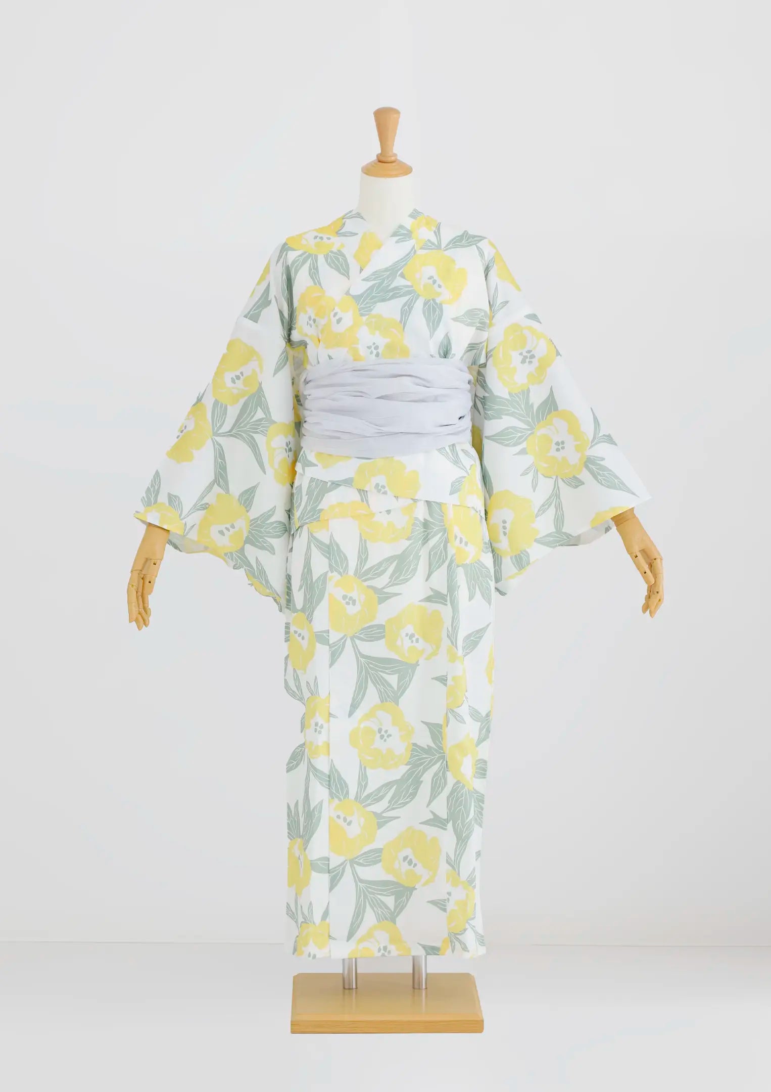 【浴衣販売】セパレート浴衣帯つきセット白地にパステルイエローがキュート/WY-10