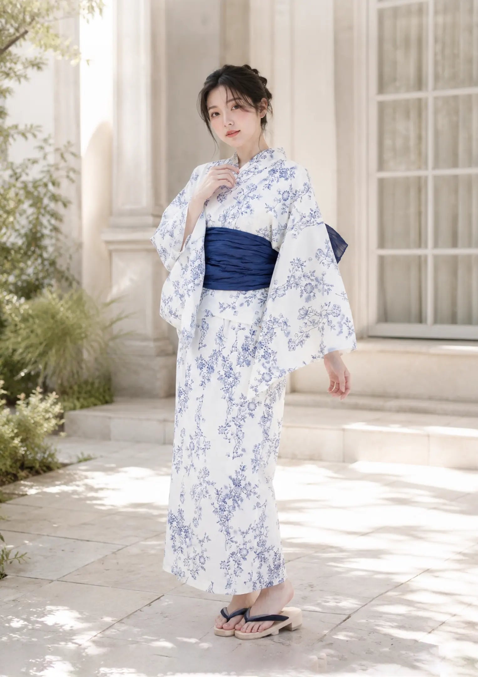 浴衣販売】セパレート2way浴衣帯つきセット白地に青のデザインがトワル